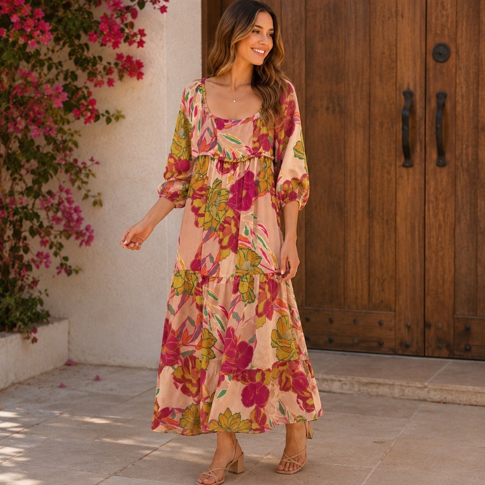 ODDI Floral Maxi Dress Womens Size M Multicolor Boho Smocked Square Neck Tiered